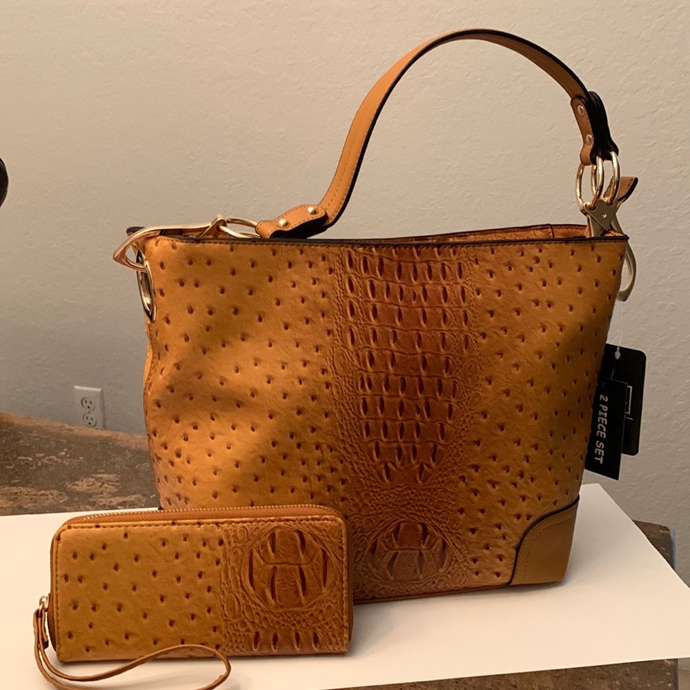 Yellow Ostrich-Embossed Wandy Hobo & Wallet Set